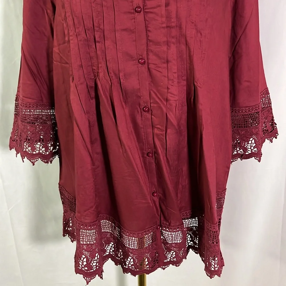 ๐ 6 for $35 โข NWOT Blair Burgundy Lace Accent Pleated Button Front Tunic Blouse - Picture 7 of 16